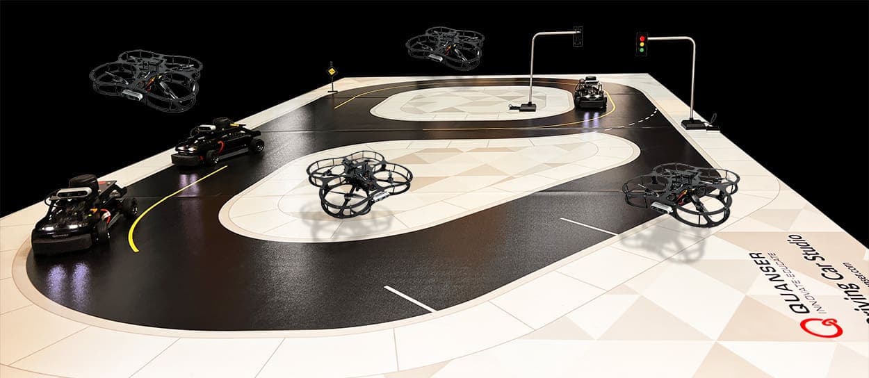 QAVRS experiment, QArm hardware, QArm digital twin, Aero2, and QDrone+QCar V2V