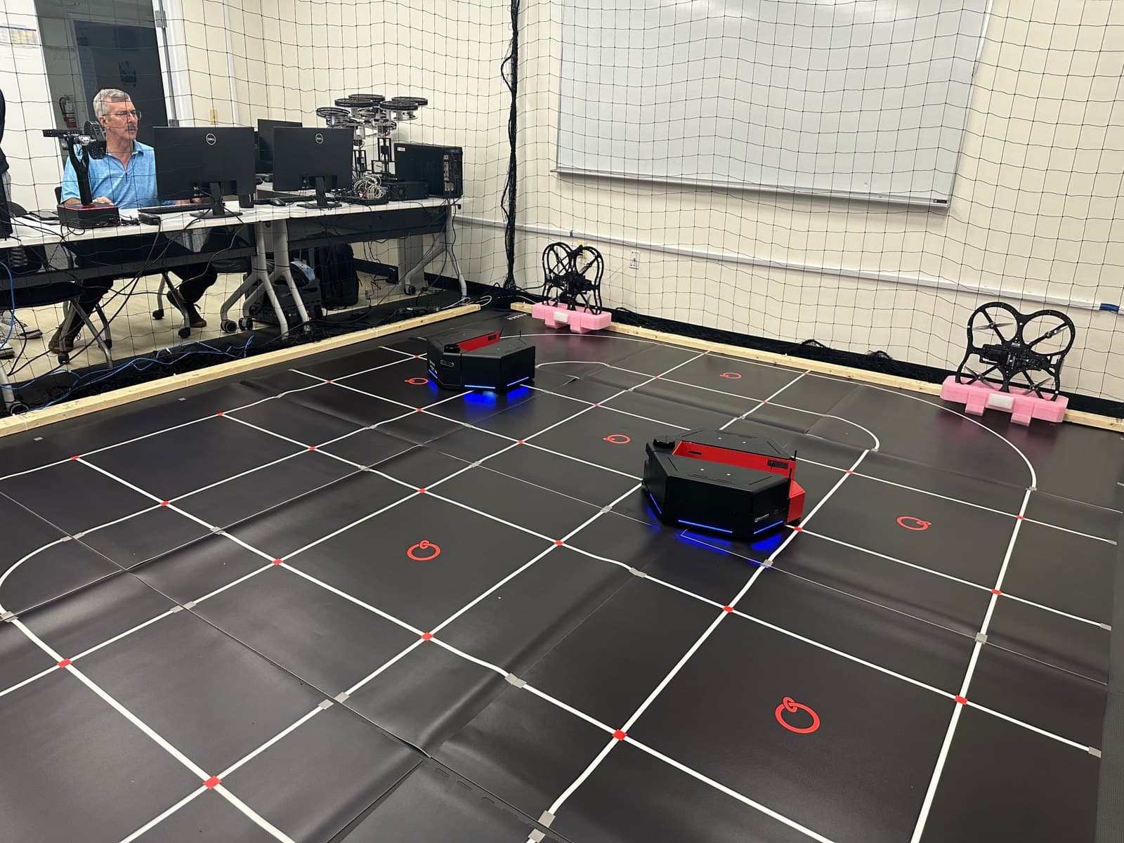 Mobile platforms inside the netted research studio.